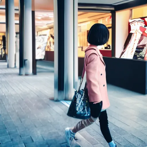 Image similar to a closeup portrait of woman walking in mall alone in style of 1990s, street photography seinen manga fashion edition, focus on face, eye contact, tilt shift style scene background, soft lighting, Kodak Portra 400, cinematic style, fish-eye lens, telephoto