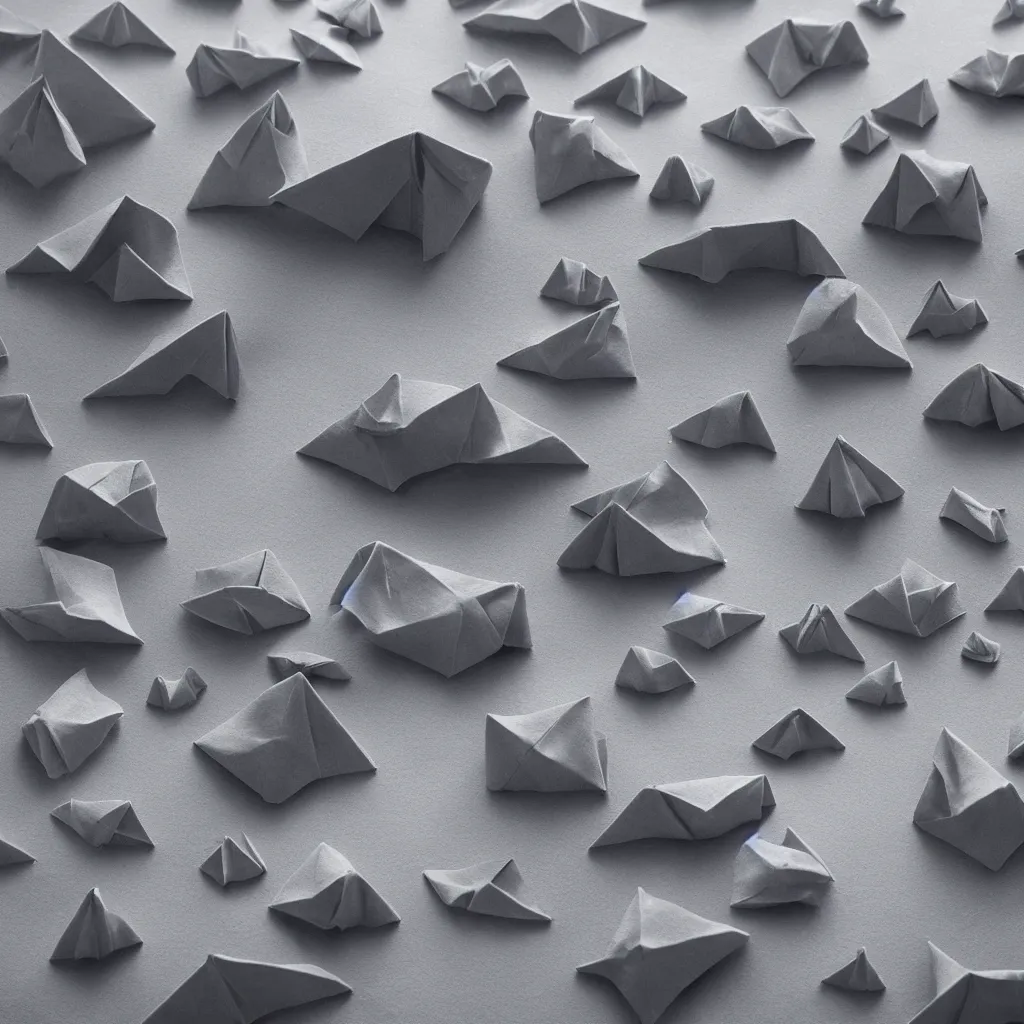 Prompt: photo of a origami rocky hill, in the middle of a origami storm. realistic origami clouds. impressive, majestic, very atmospheric, cinematic, stunning, masterpiece, romantic, trending in artstation, very detailed. 4 k