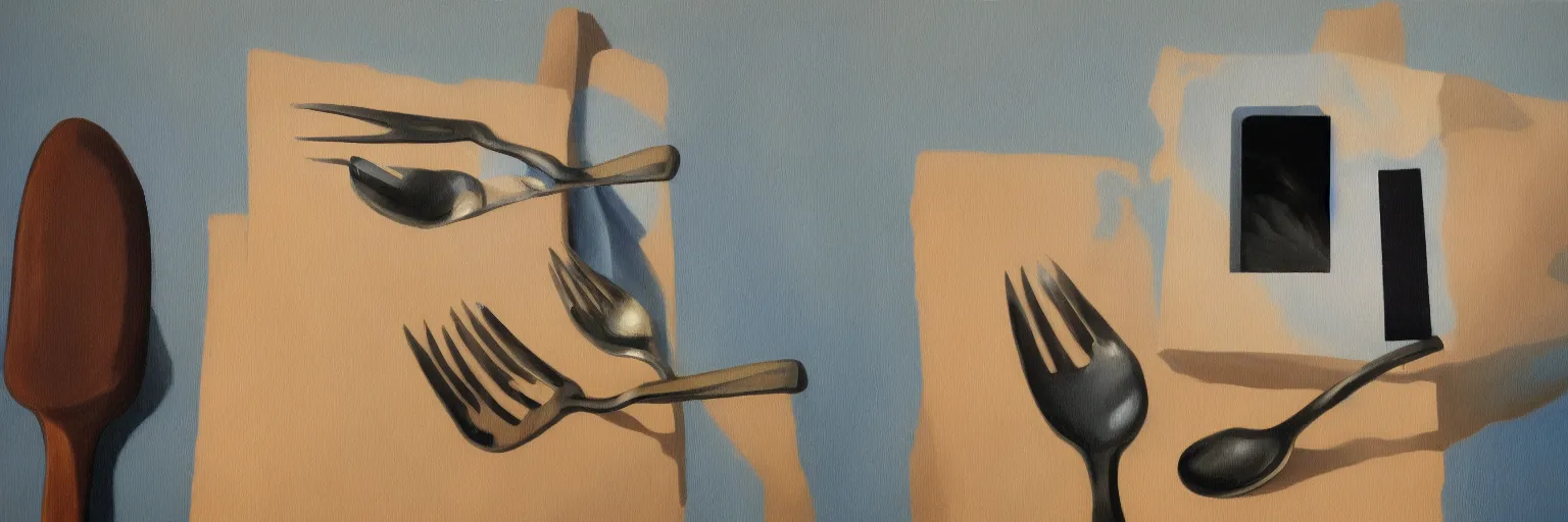 Image similar to fork knife spoon painting magritte