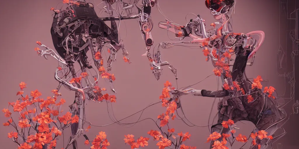 Image similar to hyperrealistic photography of a slender cyborg crafting a machine that breeds orange and pink flowers in the style of Jin Kagetsu, James Jean and wlop, highly detailed, masterpiece, award-winning, sharp focus, intricate concept art, ambient lighting, 8k, artstation