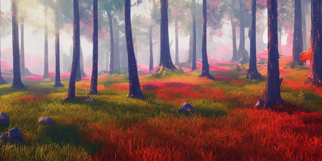 Image similar to abstract 3d landscape forest painting by james jean and David Schnell with 1000 year old trees painted in no mans sky style, redshift, octane