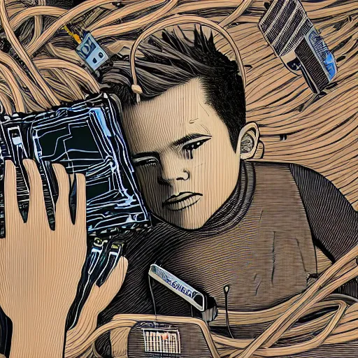 Image similar to illustration of a boy connected to his laptop with hundreds of wires, highly detailed, cel shading, by butcher billy, cgsociety, mcbess, rutkowski, james jean, 8 k, photorealistic