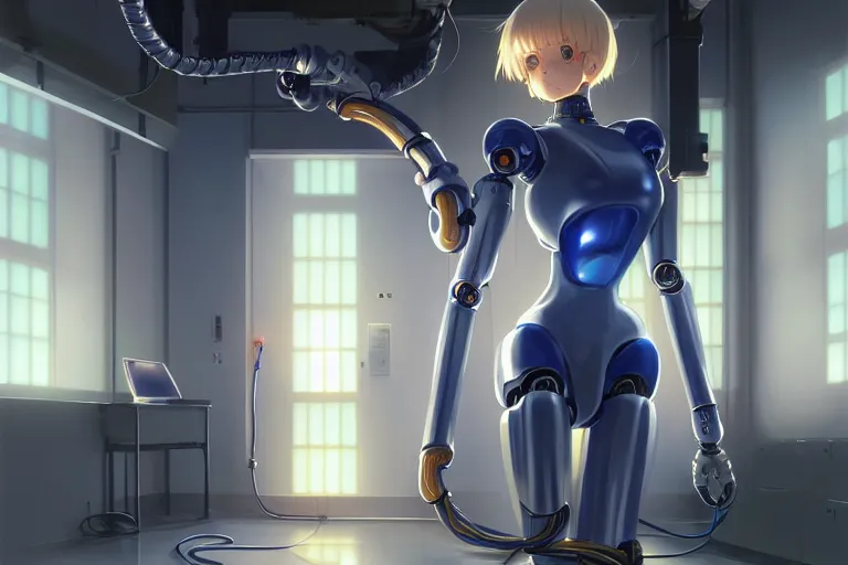 Image similar to datacenter room connects cables young robot server android baroque oil painting finely detailed perfect face flowing long fiberoptics blonde hair robot eyes blue. anime shinkai takeuchi key visual of character concept art metal female robot body suit pixiv fanbox, painted by greg rutkowski