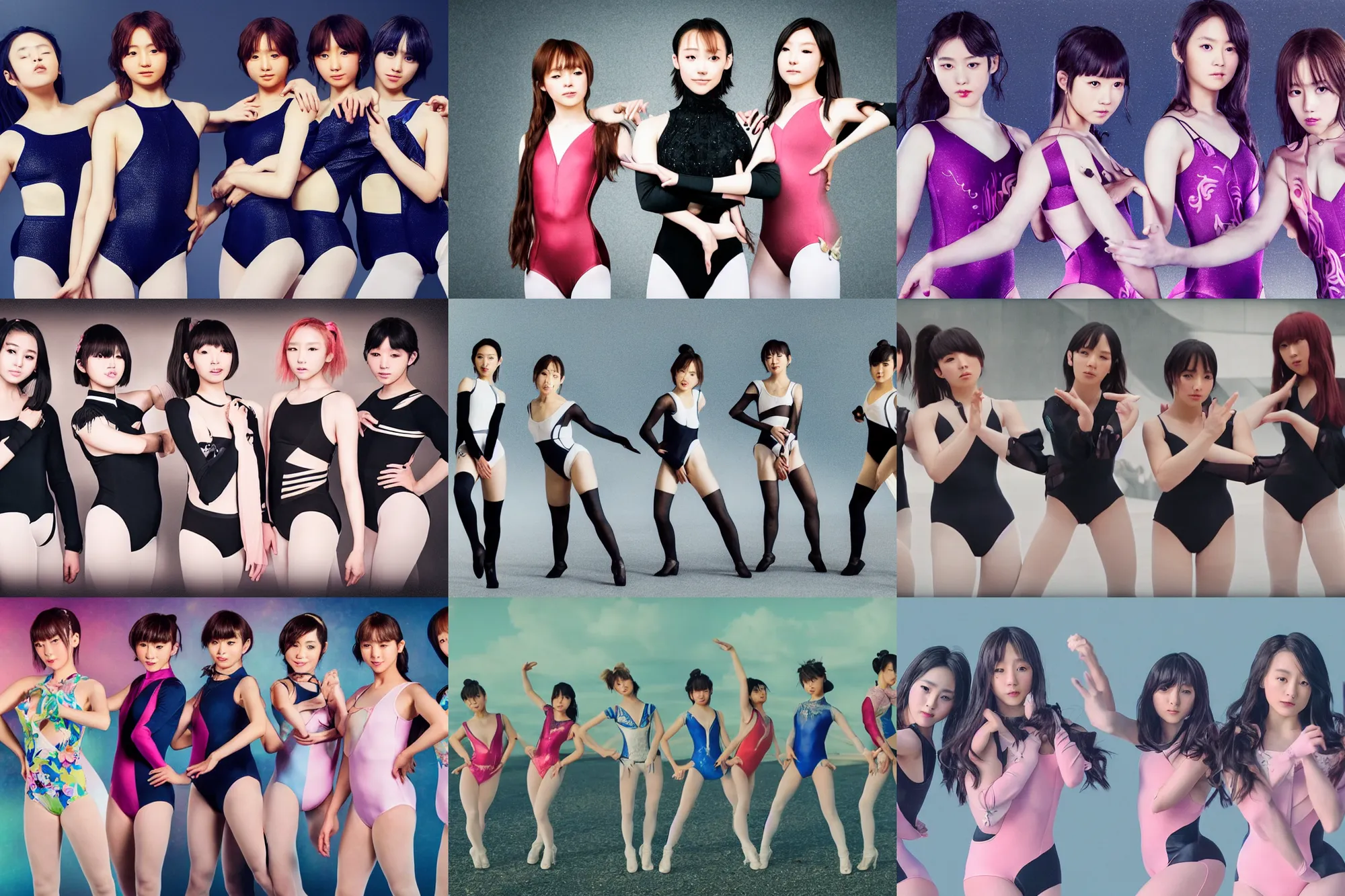 Image similar to unbelievably beautiful, perfect, dynamic, epic, cinematic 8 k hd movie shot, three beautiful cute young j - pop idols actresses in japanese girl band, posing together in leotards. motion, vfx, inspirational arthouse, high budget, hollywood style, at behance, at netflix, with instagram filters, photoshop, adobe lightroom, adobe after effects, taken with polaroid kodak portra