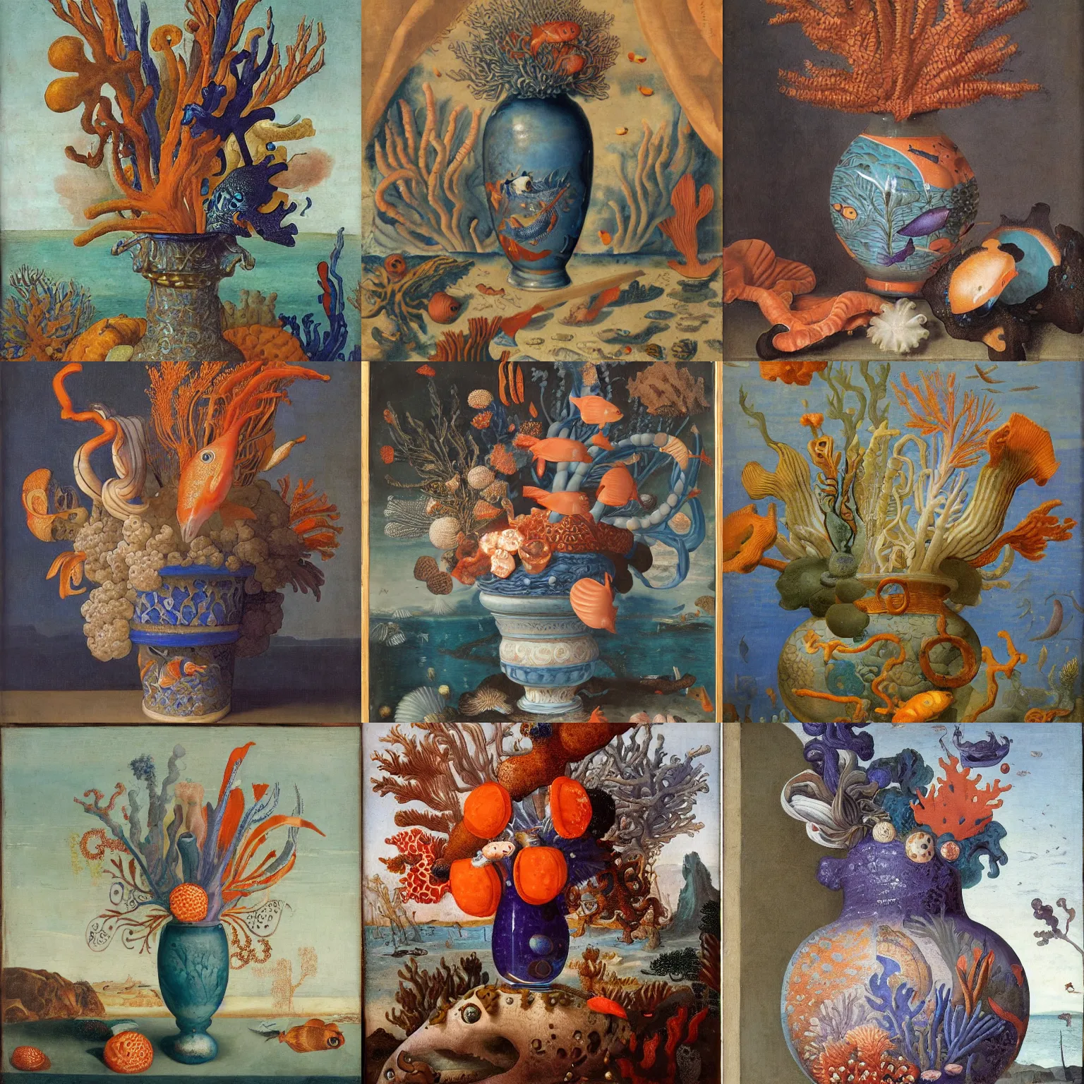 Image similar to bottle vase of coral under the sea decorated with a dense field of stylized scrolls that have opaque outlines enclosing mottled blue washes, with orange shells and purple fishes, Ambrosius Bosschaert the Elder, oil on canvas