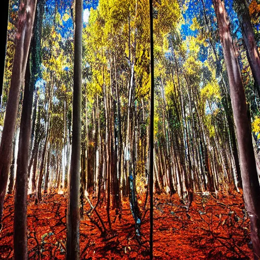 Prompt: double exposure photograph of tens of eucalyptus trees, flash exposure, autumn, in the style of basquiat and pollock, sony ar 7 ii