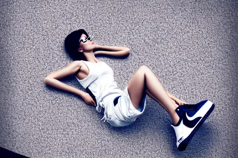 Image similar to a ultradetailed render of a stylish woman laying on the ground, she is wearing nike air force 1 sneakers, octane render, trending on artstation