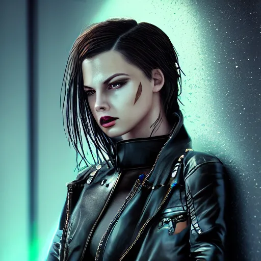 Image similar to stylish woman cartoon portrait made out of rain, leather jacket, cyberpunk background, rendered in octane, unreal engine, highly detailed, trending on artstation, realistic, neon, beautiful