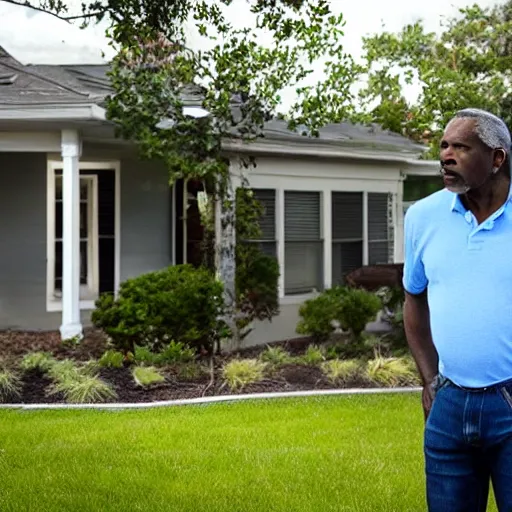 Image similar to a black middle aged man looking at his front yard