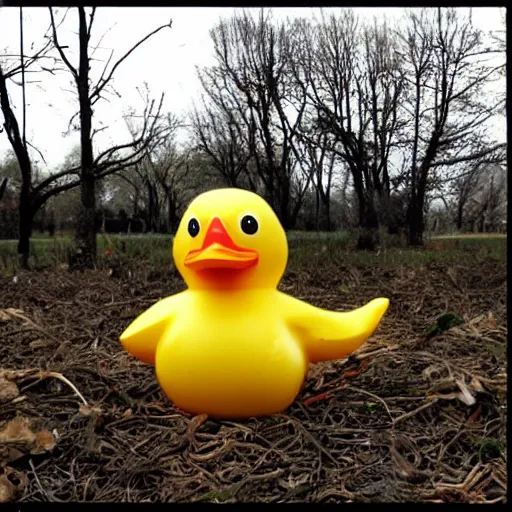 Prompt: rubber duck horror, rubber duck mutant, rubber duck zombie horror, photography