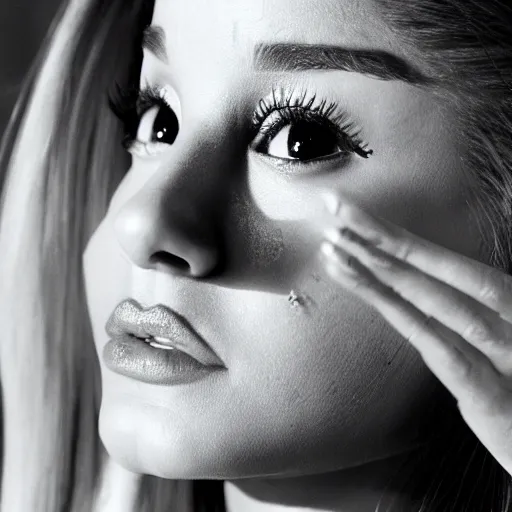 Prompt: ariana grande leaving this world with tears in her eyes melancholic