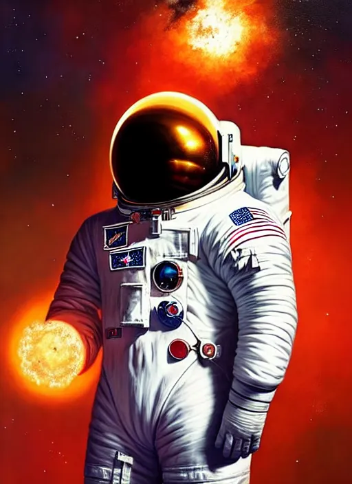 Image similar to astronaut in the style of stefan kostic, realistic, full body shot, wide angle, sharp focus, 8 k high definition, insanely detailed, intricate, elegant, art by stanley lau and artgerm, floating embers