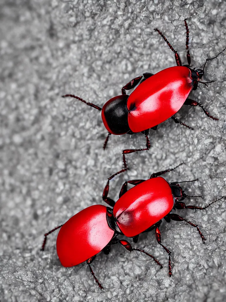 Prompt: complementary color scheme. close - up shot of a beautiful red and white beetle. insect eyes. by kechun zhang. studio photography high quality highly detailed award winning photograph by national geographic. soft volumetric light, smooth gradient.