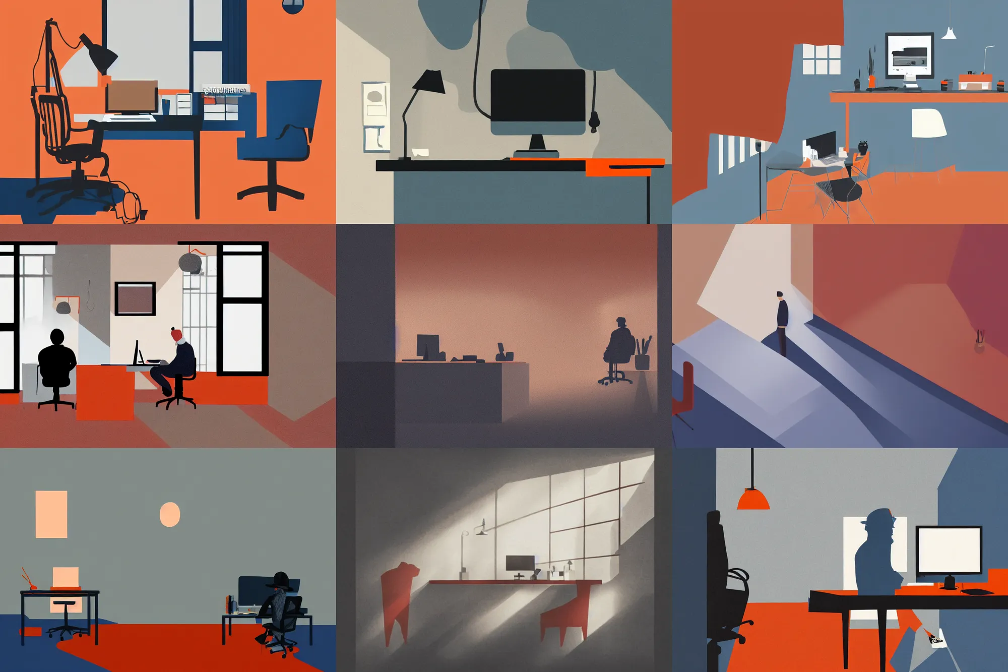 Prompt: home office interior,, editorial illustration by karolis strautniekas and mads berg, liquid clouds, fog, lonely worker at computer, red orange blue beige, fine texture, detailed, muted colors, film noir, dramatic lighting, dynamic composition, vivid, matte print, wide angle, ( ( sunbeams ) ), moody, extreme perspective, remote work