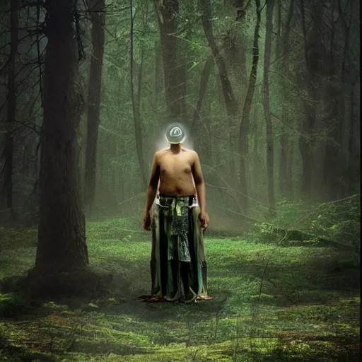 Image similar to a shaman in the woods seeing a vision of the metaverse appear before him. surrealistic realism