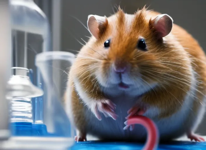 Image similar to film still of a hamster working in a research lab finding the cure for cancer, 8 k