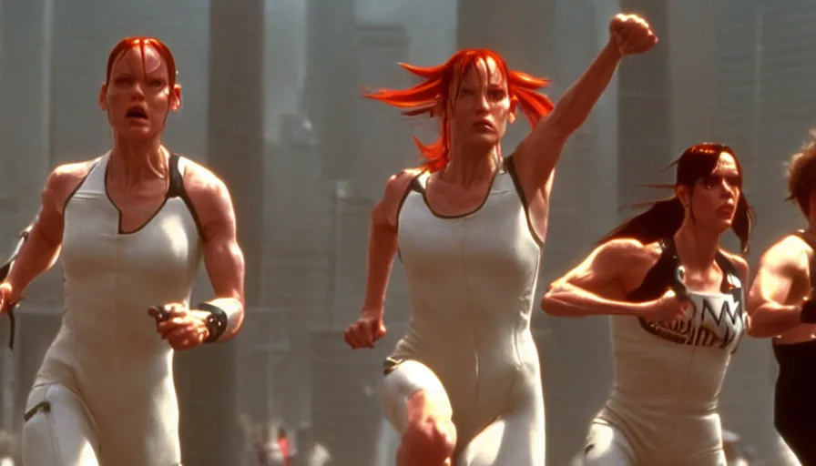 Prompt: The matrix, LeeLoo, Starship Troopers, Clarice Starling, Rey, Sprinters in a race with a clear winner, The Olympics footage, intense moment, cinematic stillframe, shot by Roger Deakins, The fifth element, vintage robotics, formula 1, starring Geena Davis, sports photography, clean lighting