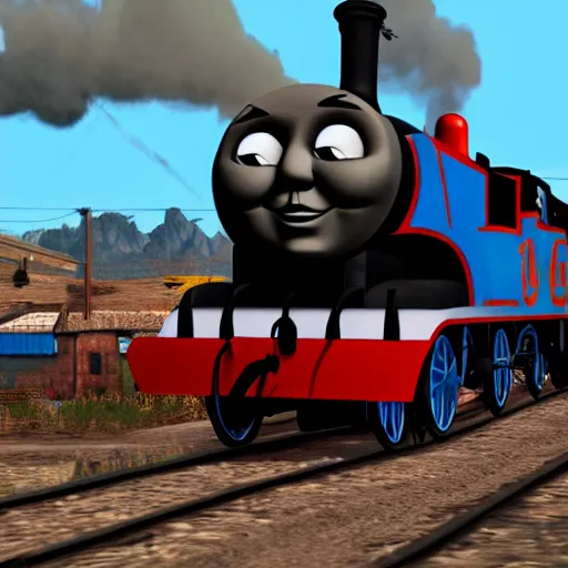 Image similar to thomas the tank engine in the video game twisted metal.