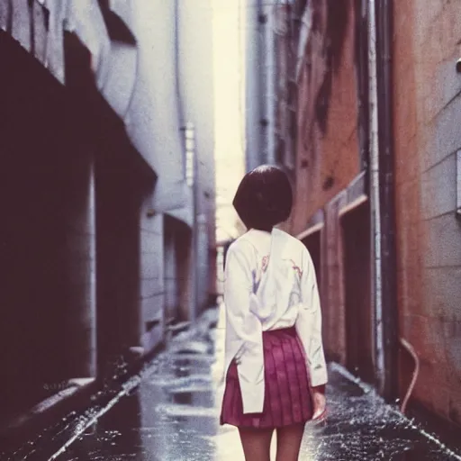 Image similar to 1990s perfect 8K HD professional cinematic photo of close-up japanese schoolgirl posing in sci-fi dystopian alleyway at morning during rain, at instagram, Behance, Adobe Lightroom, with instagram filters, depth of field, taken with polaroid kodak portra