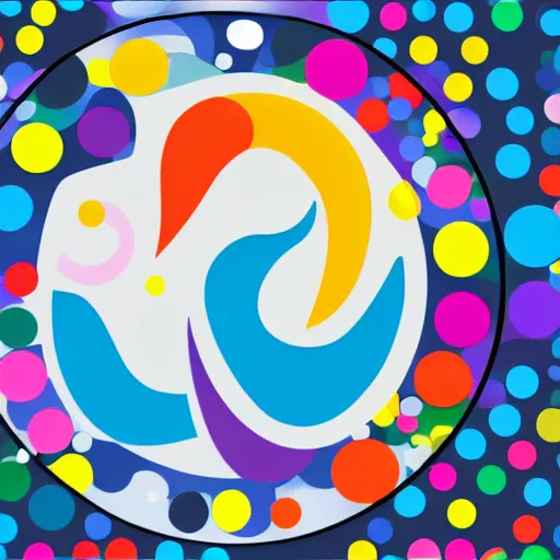 Image similar to a corporate logo with a multicoloured circle and dots around it