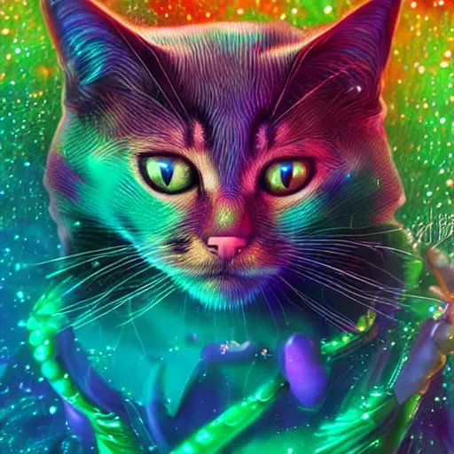 Image similar to cyberpunk excited Abyssinian cat underwater, sparkly, colorful, cyberpunk digital painting