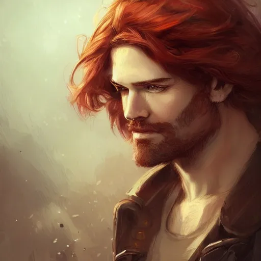 Image similar to rugged young ship captain, male, handsome, red hair, long hair, soft hair, fantasy, intricate, elegant, highly detailed, steampunk, digital painting, artstation, concept art, character art, smooth, sharp focus, illustration, art by artgerm