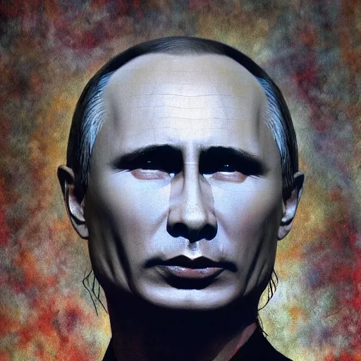 Prompt: degraded retard vlad putin photo - realistic, color image, hyper realistic, 2 k, highly detailed, occult art, by giger, fractal structure