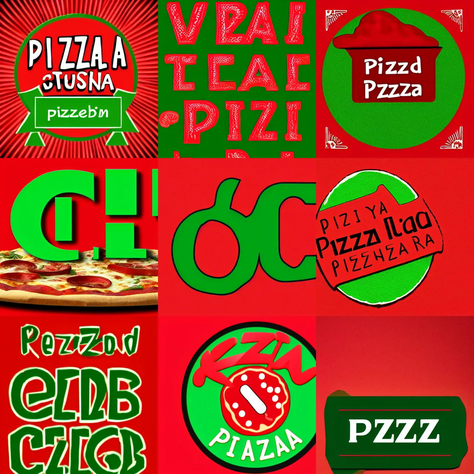 Prompt: red background, a green stylized font text saying pizza
