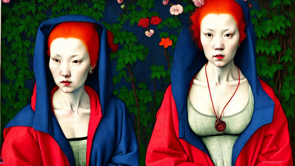 Prompt: portrait of a woman with red hair, wearing a neon blue hoodie, standing in a botanical garden, intricate details, high detail, in the style of rogier van der weyden and jacopo da pontormo, by mark ryden, punk, asian art,