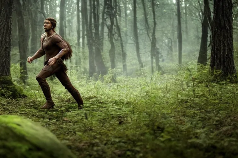 Prompt: still from a fantasy movie, a man with brown hear and green eyes running through the forest, muted colors, motion blur, action, 8 k, cinematic, very detailed face, hyperrealistic, movie still frame, promotional image, imax 7 0 mm footage