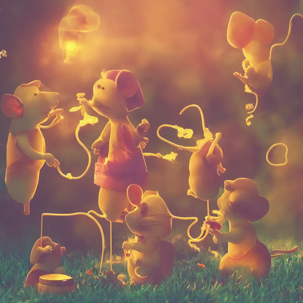 Image similar to happy mice smoking a bong and eating candy, golden hour, ultra realistic