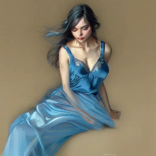 Image similar to portrait of ballerina wearing satin nightgown, blue hair, attractive, casual, modern, victoria's secret, highly detailed, digital painting, artstation, concept art, smooth, sharp focus, illustration, art by artgerm, greg rutkowski and alphonse mucha