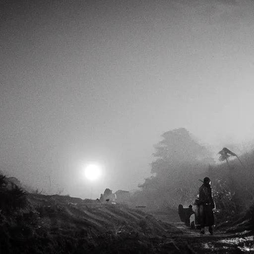 Image similar to a mythical demon roaming a village in nepal at night, very scary photo, moonlit