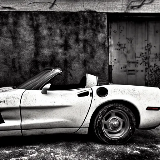 Image similar to black and white press photograph of a rusted abandoned chevrolet corvette 2 0 2 2 on an empty abandoned city street, full view, detailed, natural light, mist, film grain, soft vignette, sigma 5 0 mm f / 1. 4 1 / 1 0 sec shutter, imax 7 0 mm footage