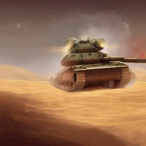 Image similar to An anthropomorphic dog driving a tank in a desert, ultra detailed, digital art, 4K
