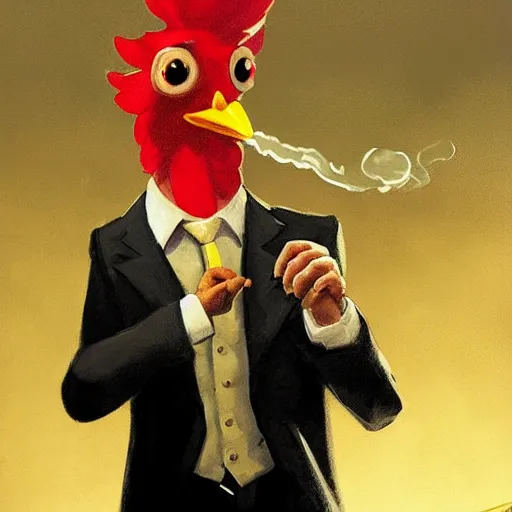 Image similar to a chicken wearing a suit smoking a cigar, dramatic lighting, cinematic, establishing shot, extremly high detail, photorealistic, cinematic lighting, artstation, style by James Gurney