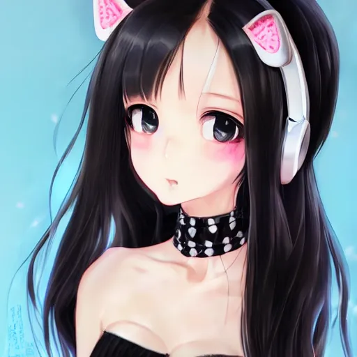 Prompt: realistic beautiful gorgeous buxom natural cute blushed shy girl Blackpink Lalisa Manoban black hair cute fur black cat ears, wearing white camisole, headphones, black leather choker artwork drawn full HD 4K highest quality in artstyle by professional artists WLOP, Taejune Kim, Guweiz, Aztodio on Pixiv Instagram Artstation