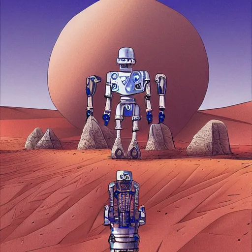 Prompt: robotic a man in desert finding a beautiful crystal, Industrial Scifi, detailed illustration, character portrait, by Martin Grip and Moebius