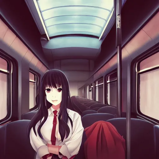 Image similar to portrait of the lone girl sitting in train carriage, anime fantasy illustration by tomoyuki yamasaki, kyoto studio, madhouse, ufotable, trending on artstation