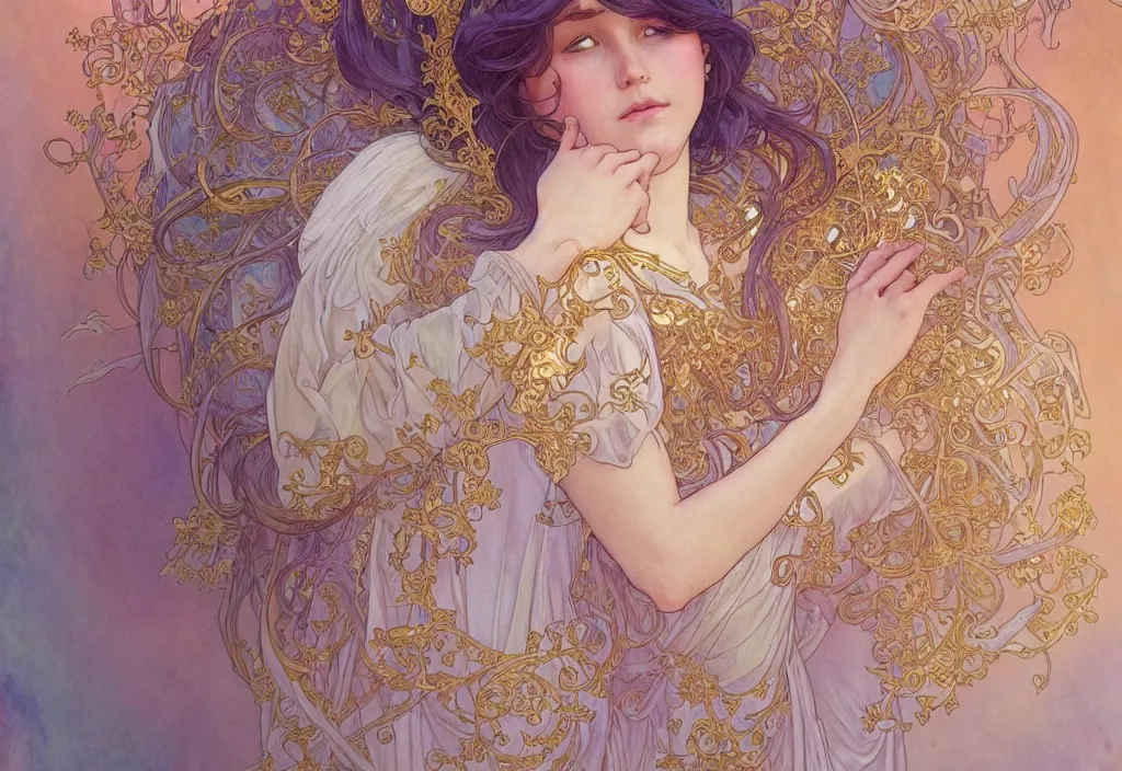 Image similar to an angel, highly detailed, very intricate, art nouveau, gold filigree, romantic storybook fantasy, soft cinematic lighting, award - winning, disney concept art watercolor illustration by mandy jurgens and alphonse mucha and alena aenami, pastel color palette, featured on artstation