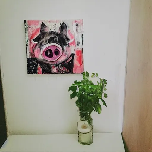 Image similar to “ a portrait in a female art student ’ s apartment, sensual, a pig theme, art supplies, paint tubes, ikebana, herbs, a candle dripping white wax, black walls, squashed berries, berry juice drips, acrylic and spray paint and oilstick on canvas, surrealism, neoexpressionism ”