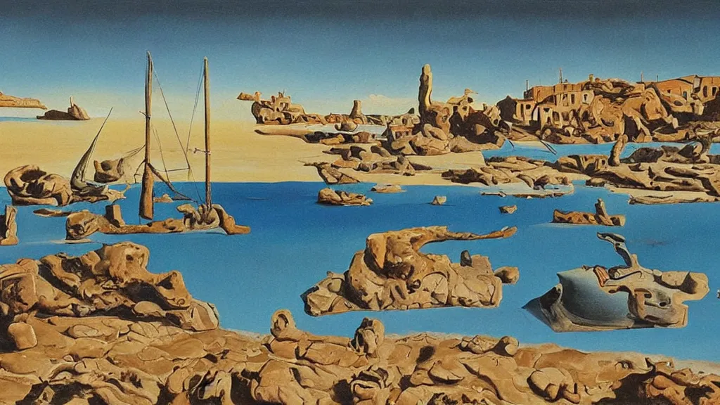 Image similar to High-Quality surrealist painting of Empuries, peaceful, very detailed, oil painting by Salvador Dalí.