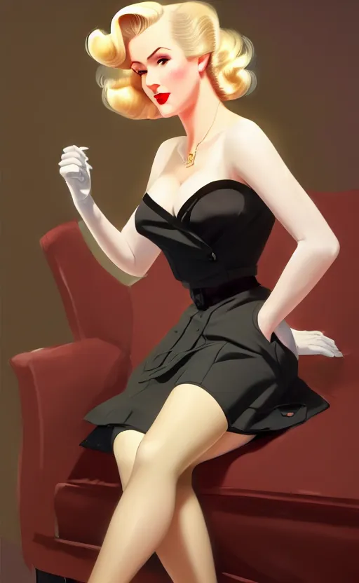 Prompt: a beautiful blonde femme fatale woman wearing a 1 9 4 0 s skirt, silk stockings, and padded shoulders jacket, anime. realistic shaded lighting by ilya kuvshinov giuseppe dangelico pino and michael garmash and rob rey, 8 k