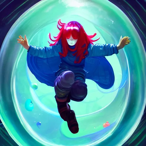 Prompt: madeline from celeste jumping into a green jelly bubble wearing a blue bubble jacket has a red long hair, highly detailed, digital painting, artstation, concept art, sharp focus, illustration, art by greg rutkowski and alphonse mucha