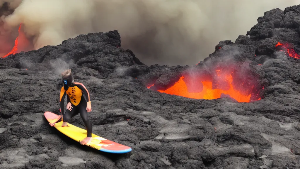 Image similar to medium shot of a person wearing a sponsored team jersey surfing down a river of lava on the side of a volcano on surfboard, action shot, dystopian, thick black smoke and fire, sharp focus, wide angle shot