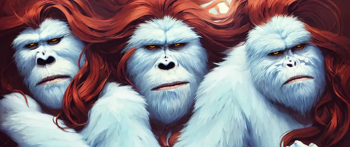 Prompt: beautiful artistic - wave highly detailed portrait of yeti and bigfoot, with kitsune mask, long red hair, by atey ghailan, by greg rutkowski, by greg tocchini, by james gilleard, by joe fenton, by kaethe butcher, dynamic lighting, gradient light blue, brown, blonde cream and white color scheme, grunge aesthetic