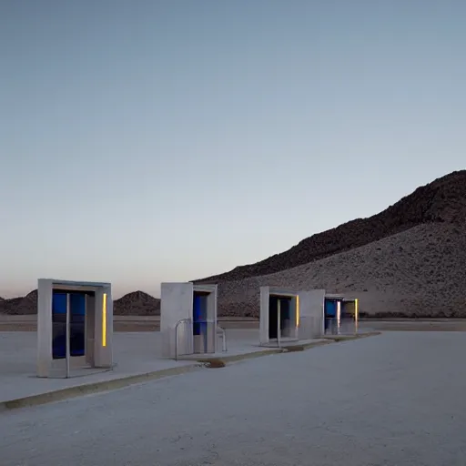 Prompt: bus stop in a desert at night, minimalist architecture, neon lights, james turrel,