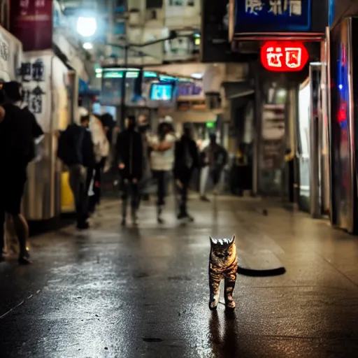 Image similar to a t - 1 0 0 0 cat made of liquid metal walking in the streets of hong kong and hugging a man, volumetric lighting, sharp focus, ultra detailed, cgsociety - w 1 0 2 4 - n 8 - i