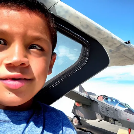 Image similar to Selfie of child joyriding in stolen fighter jet