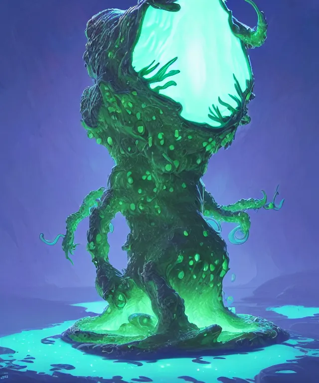 Image similar to an ooze slime creature made of bioluminescence, fantasy, elegant, crisp 8 k line work, rim light, digital painting, artstation, unreal engine, octane render, concept art, matte, sharp focus, illustration, art by james jean and justin gerard and josan gonzalez